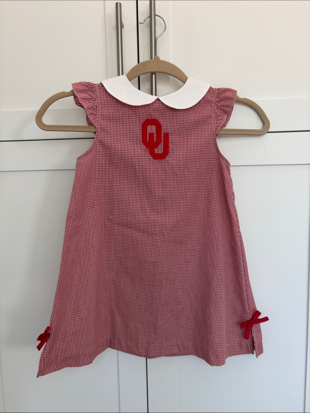 Girls Oklahoma University game day Red Gingham Peter Pan Collar Kids Dress NWOT